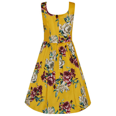 Amanda square neckline dress, in yellow, with pink and beige roses, back view