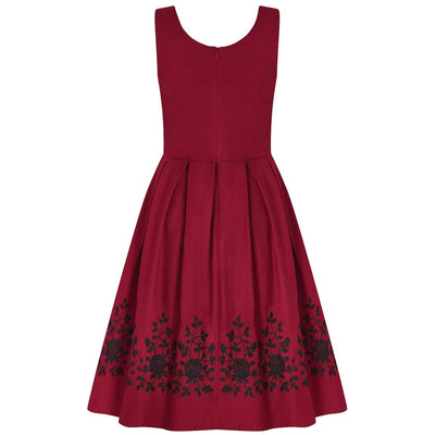 Amanda Embroidered Scoop Neck Swing Dress in Burgundy-Black