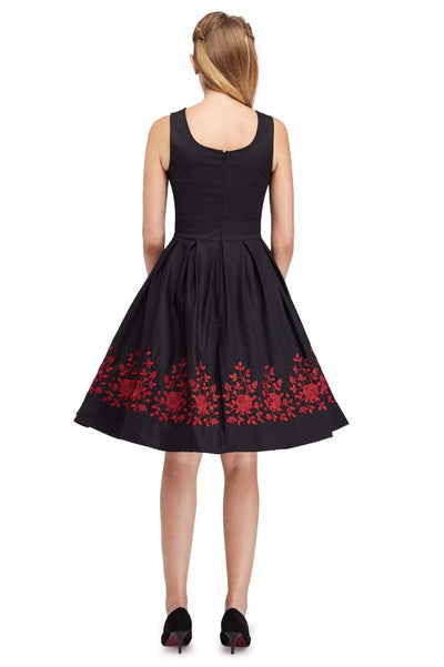 Amanda Embroidered Scoop Neck Swing Dress in Black-Red
