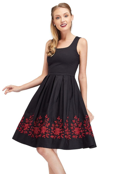 Amanda Embroidered Scoop Neck Swing Dress in Black-Red