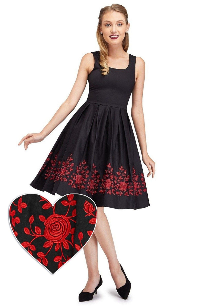 Amanda Embroidered Roses Swing Dress in Black/Red Amanda Embroidered Roses Swing Dress in Black/Red