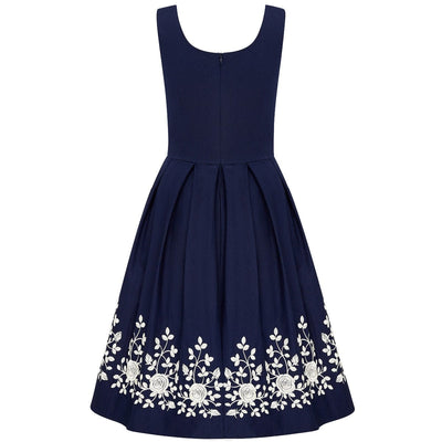 Amanda Embroidered Scoop Neck Swing Dress in Navy Blue-White