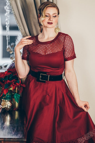 Woman's Lace Sleeved Dress in Burgundy