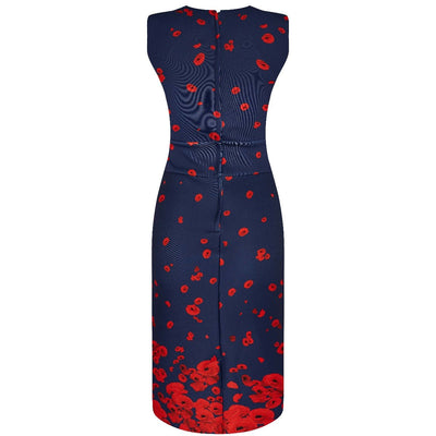 Emma Queen Anne Neckline Wiggle Dress Navy with Poppy Flowers