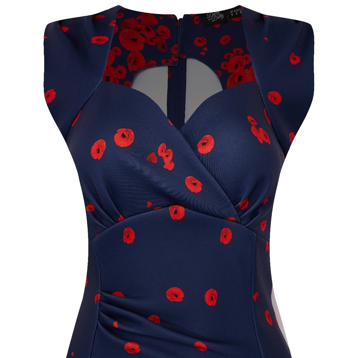 Emma Queen Anne Neckline Wiggle Dress Navy with Poppy Flowers