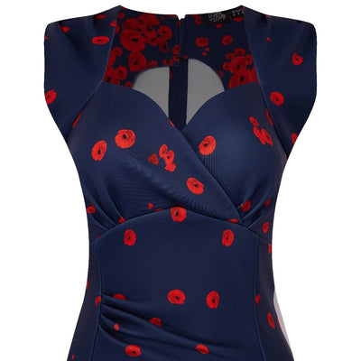 Emma Queen Anne Neckline Wiggle Dress Navy with Poppy Flowers