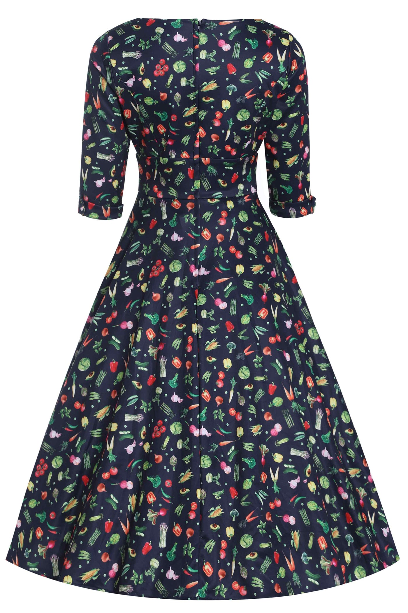 Back View of Vegetables print Midi Dress in Black