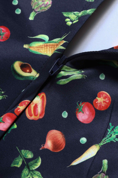 Close up View of Vegetables print Midi Dress in Black