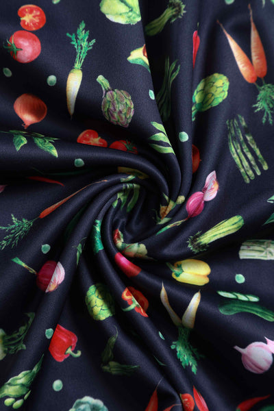 Close up View of Vegetables print Midi Dress in Black