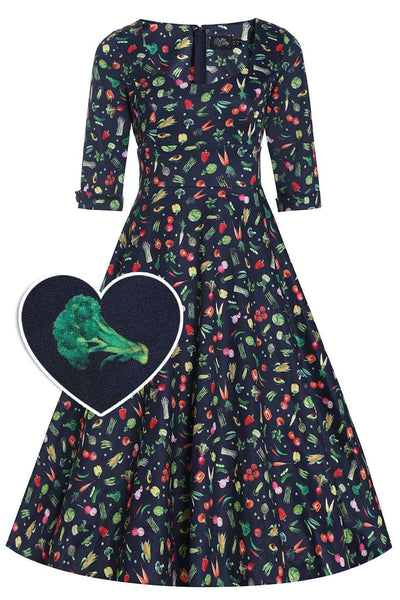 Front View of Vegetables print Midi Dress in Black