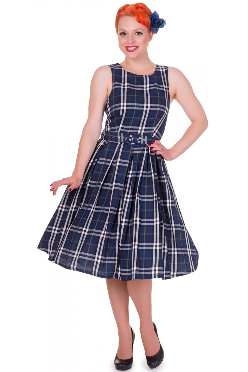 Annie Retro Tartan Sleeveless Swing Dress in Navy Blue