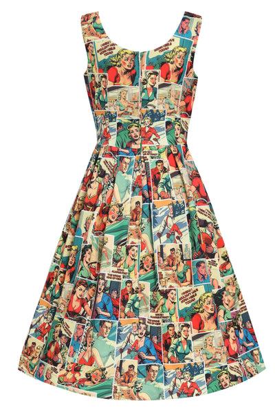 Back view of view of vintage comic print sleeveless swing dress