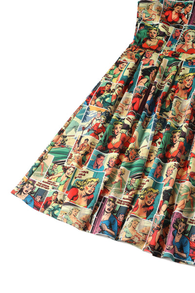 Close up view of vintage comic print sleeveless swing dress