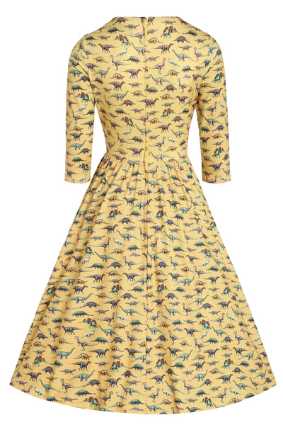 Back View of Vintage Dinosaur Yellow Long Sleeved Dress