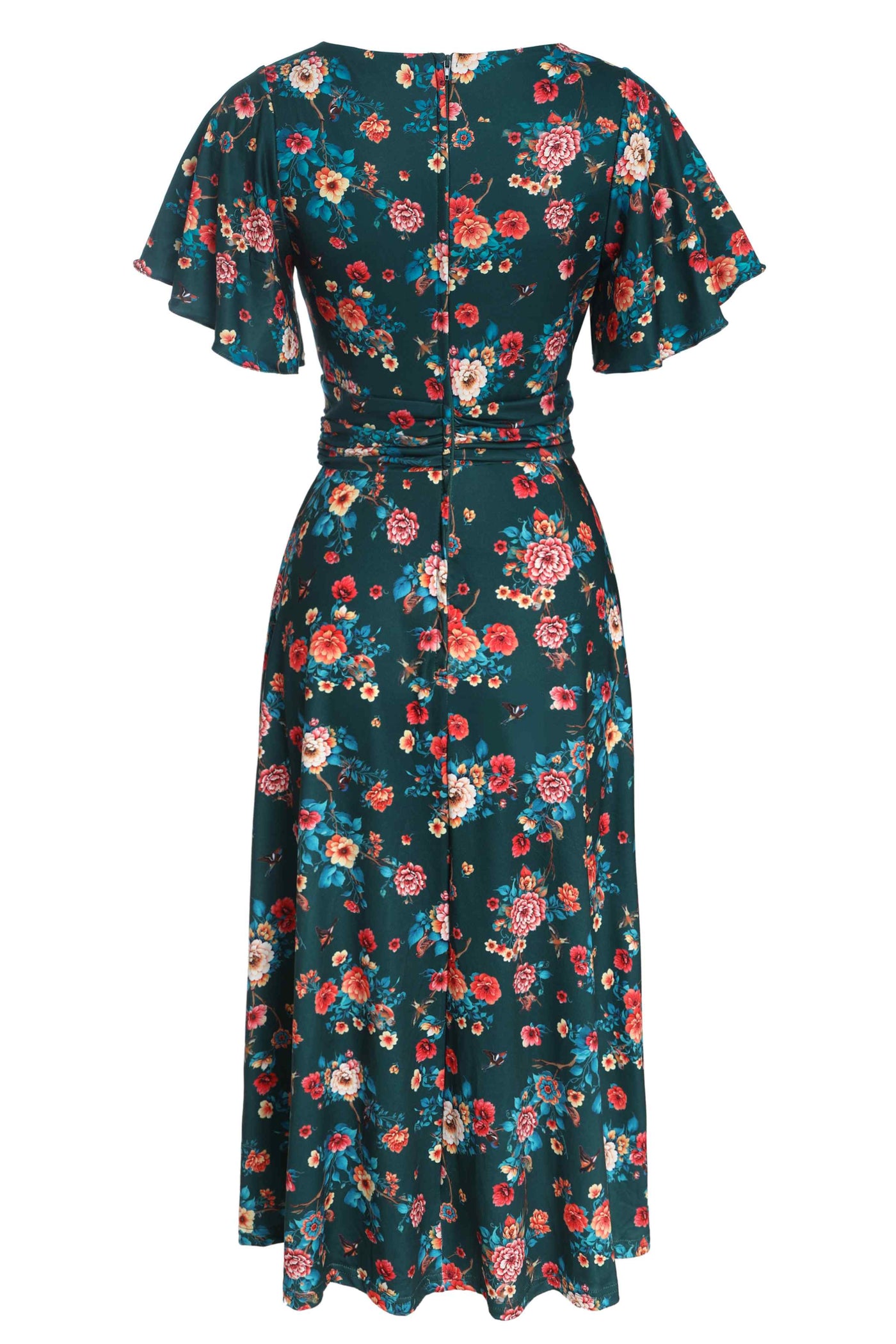 Back View of Vintage Floral Print Crossover Bust Dress in Green