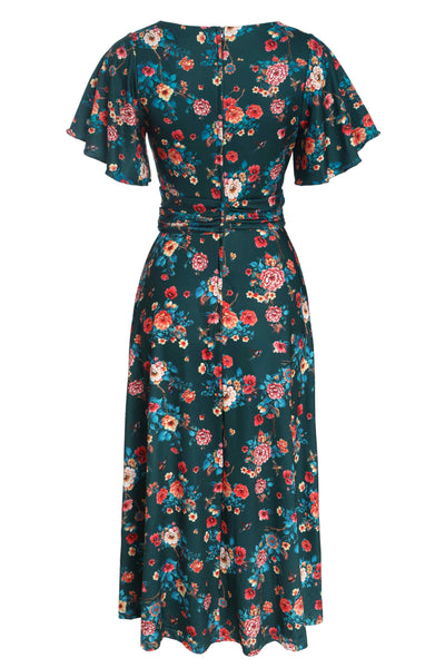 Back View of Vintage Floral Print Crossover Bust Dress in Green