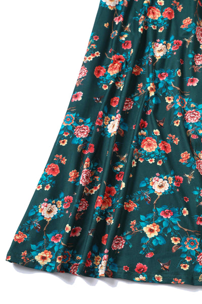 Close up View of Vintage Floral Print Crossover Bust Dress in Green