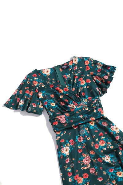 Close up View of Vintage Floral Print Crossover Bust Dress in Green