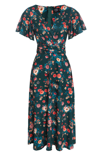 Front View of Vintage Floral Print Crossover Bust Dress in Green