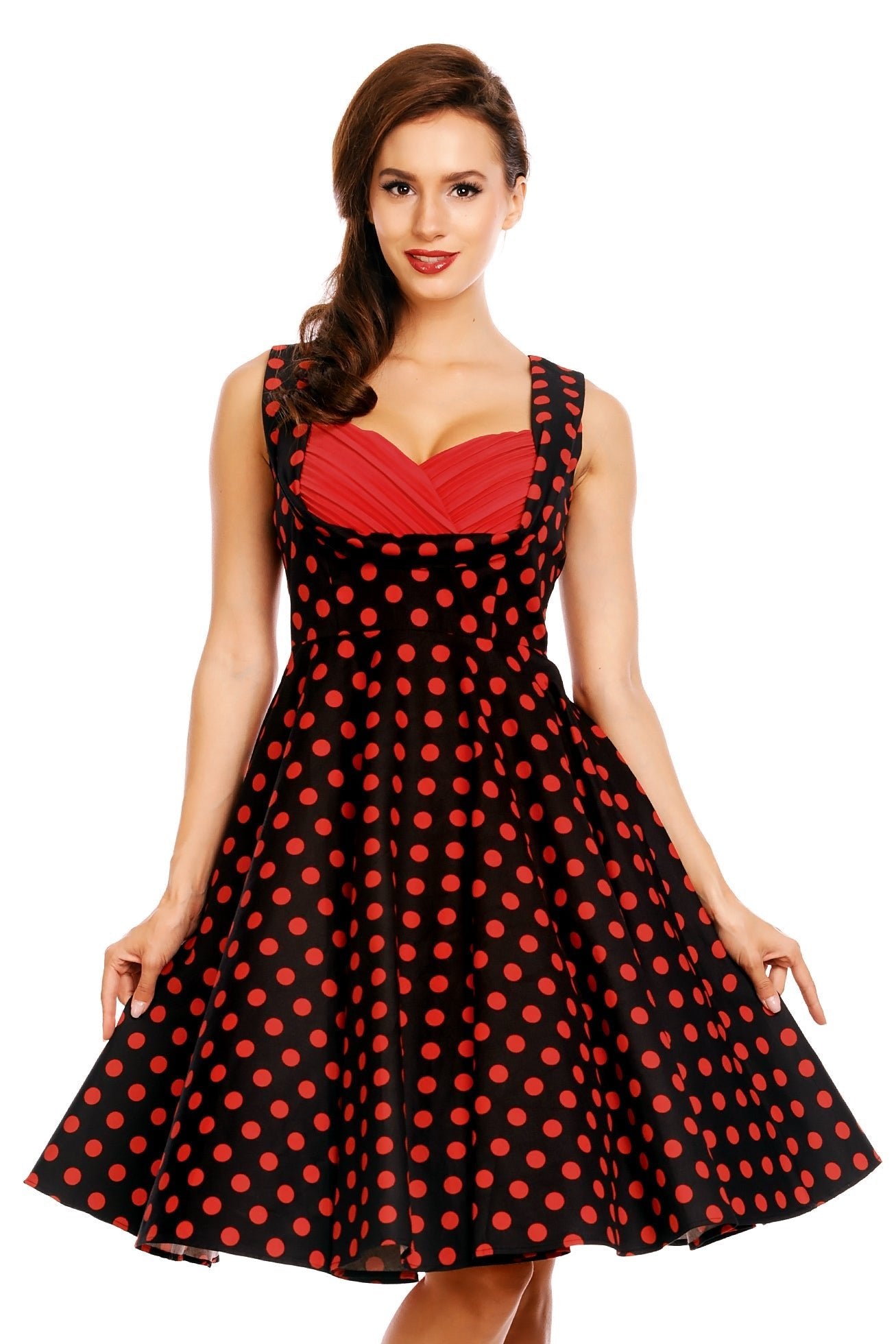 Vintage Glamorous Swing Dress in Black-Red Polka Dots