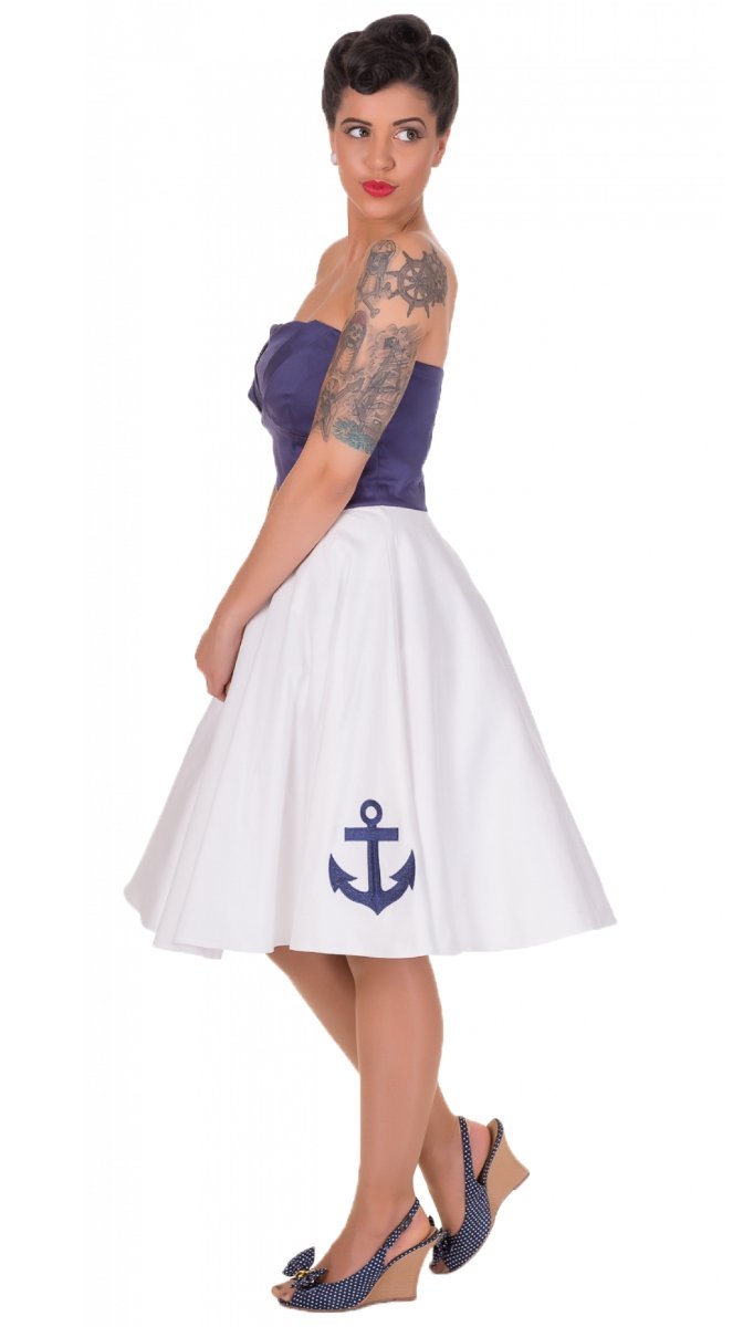 Embroidered Anchor Vintage Inspired Dress in Navy Blue/White