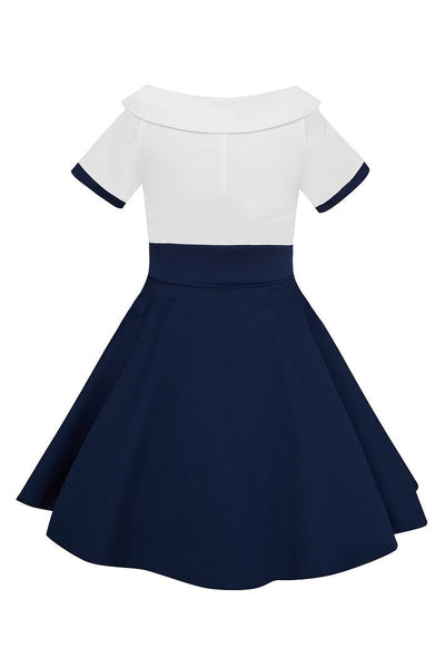 Vintage Inspired Kids Swing Dress with Sleeves in White and Navy Blue
