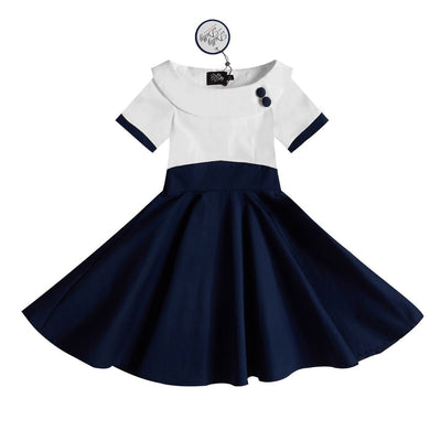 Vintage Inspired Kids Swing Dress with Sleeves in White and Navy Blue
