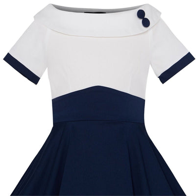 Vintage Inspired Kids Swing Dress with Sleeves in White and Navy Blue
