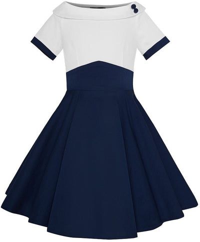 Vintage Inspired Kids Swing Dress with Sleeves in White and Navy Blue
