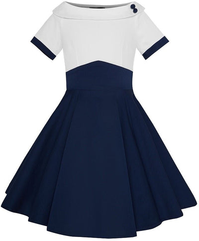 Vintage Inspired Kids Swing Dress with Sleeves in White and Navy Blue
