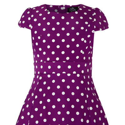 Vintage Inspired Polka Dot Kids Swing Dress in Purple and White with Sleeves

