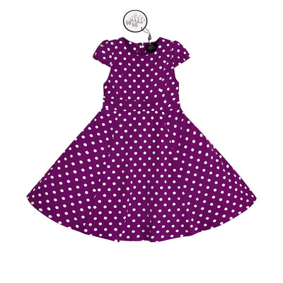 Vintage Inspired Polka Dot Kids Swing Dress in Purple and White with Sleeves

