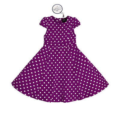 Vintage Inspired Polka Dot Kids Swing Dress in Purple and White with Sleeves
