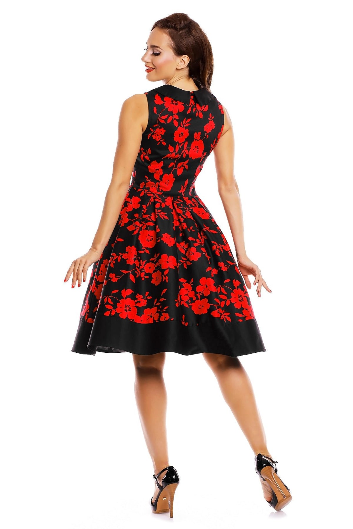 Retro Black & Red Floral Swing Dress with Collar