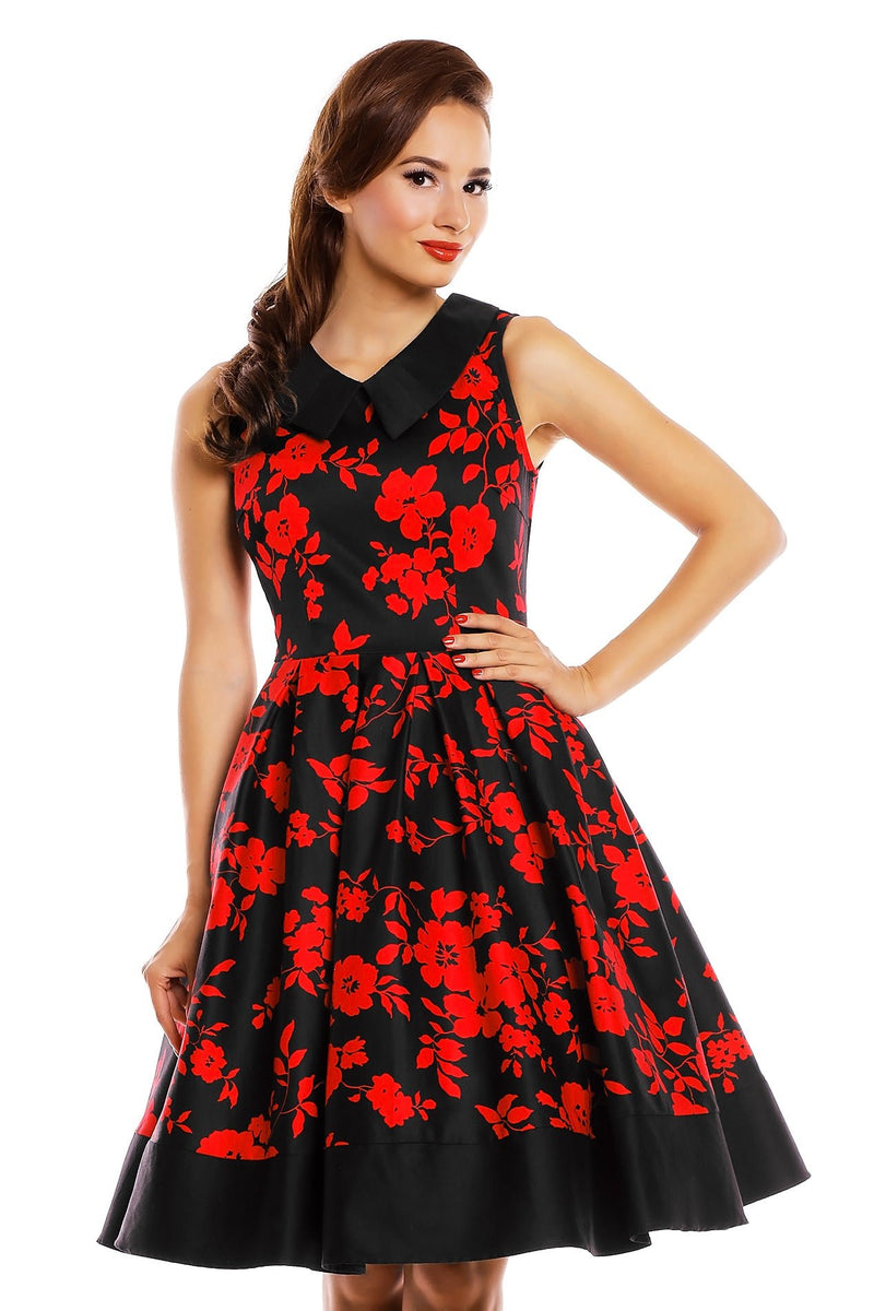 vintage Inspired Swing Dress in Black-Red Floral