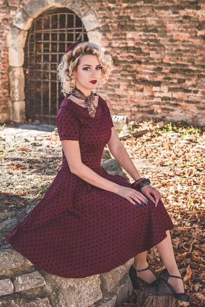 Woman's Retro Polka Dot Swing Dress in Burgundy-Black