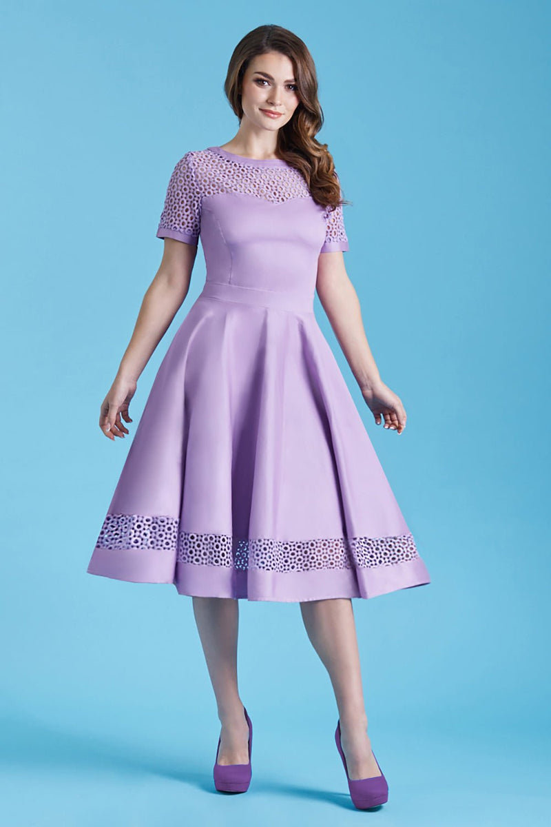 Model in lilac purple formal swing dress