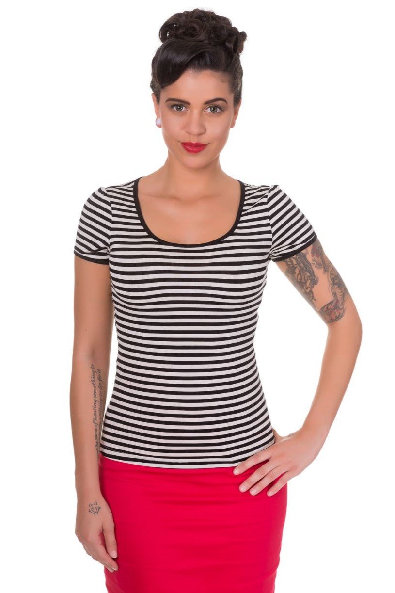 Model wearing our Gina Vintage Rockabilly Stripe Top in Black and white, front view