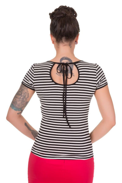 Model wearing our Gina Vintage Rockabilly Stripe Top in Black and white, back view