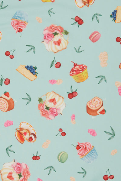 Fabric Close UP Afternoon Tea Print With Cupcakes Shortcakes Teacakes Teapots Macarons