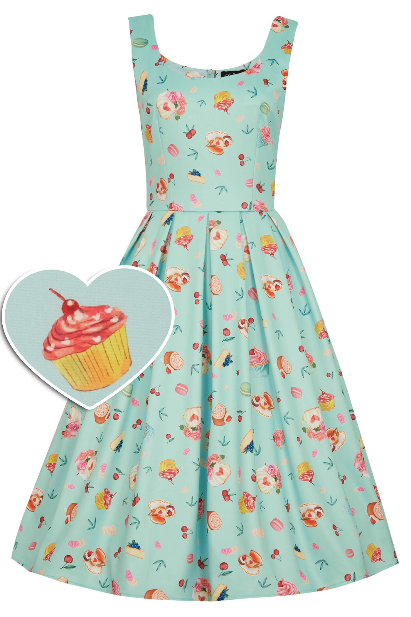 1950's Tea Dress In Blue Cakes Print Front
