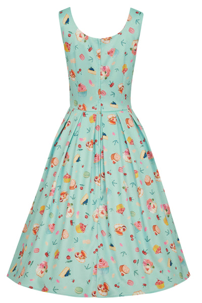 1950's Tea Dress In Blue Cakes Print Back View