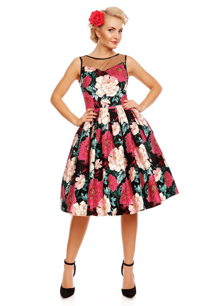 Vintage Style Floral Party Dress in Black-Pink-Gold