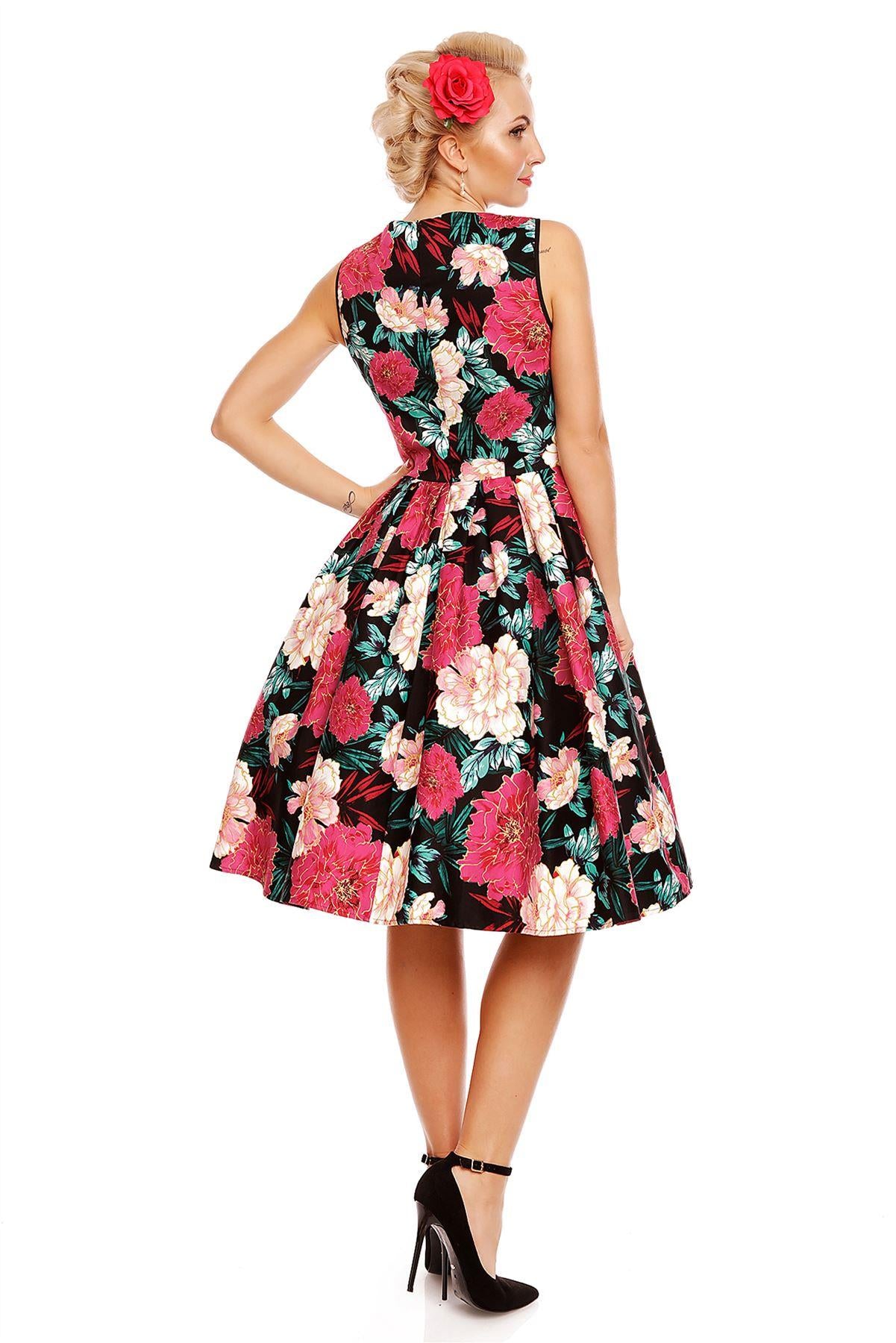 Vintage Style Floral Party Dress in Black-Pink-Gold