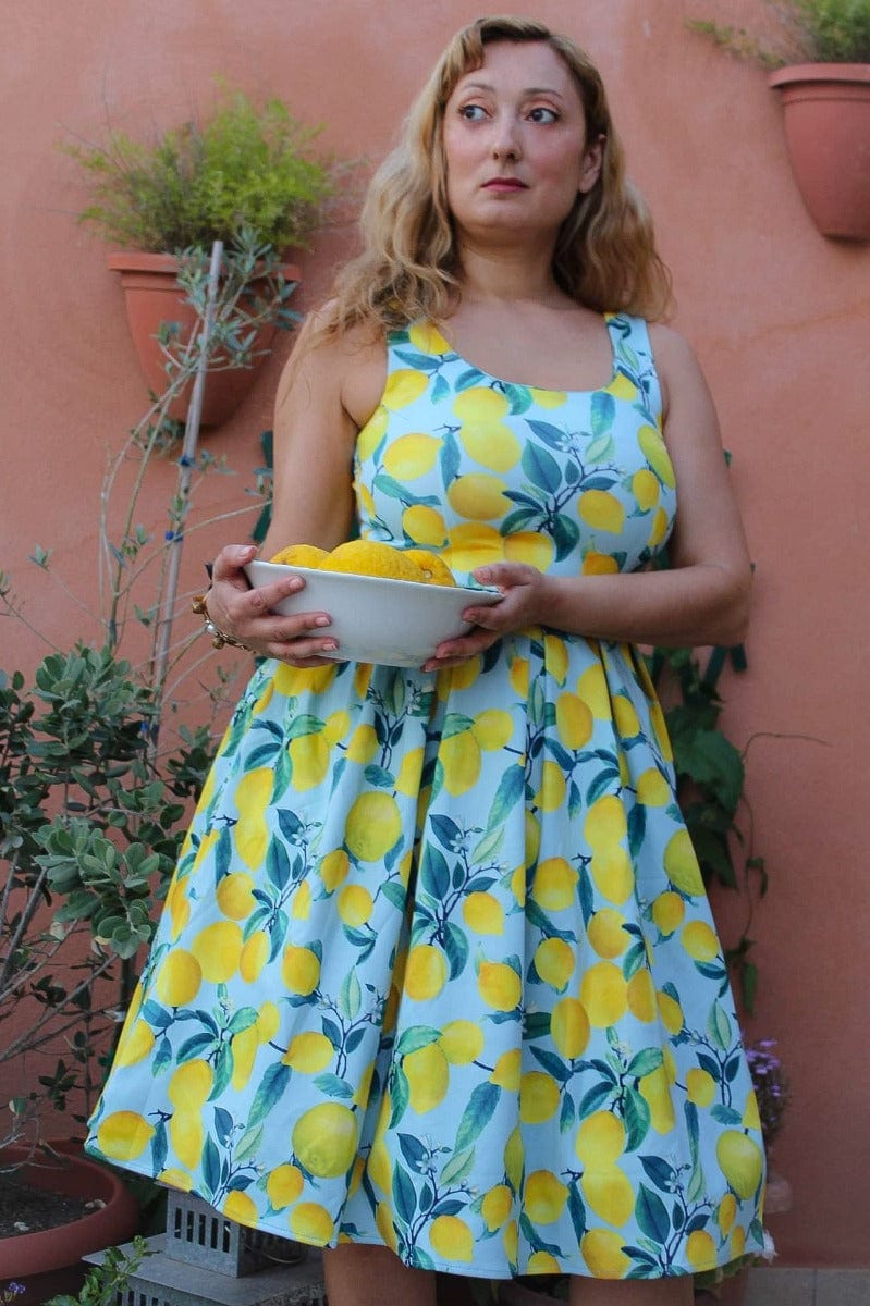 Vintage Inspired Blue Lemon Print Dress