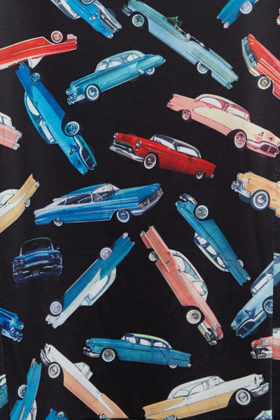 black fabric swatch with classic car print