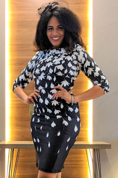 Denise Vintage Inspired Wiggle Dress-Black Snowdrop Flowers