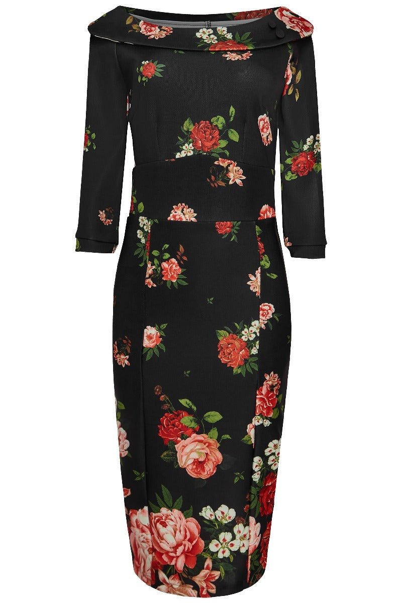 Denise Vintage Inspired Wiggle Dress with Raising Roses in Black