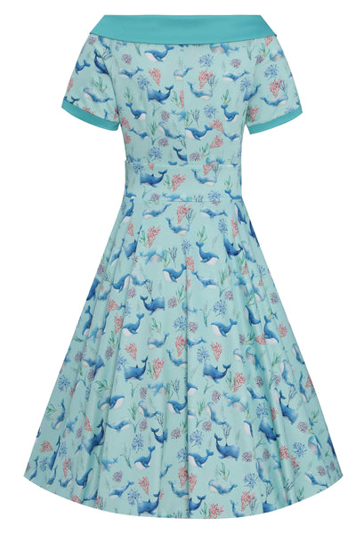 Back View of Whale Print Swing Dress in Baby Blue