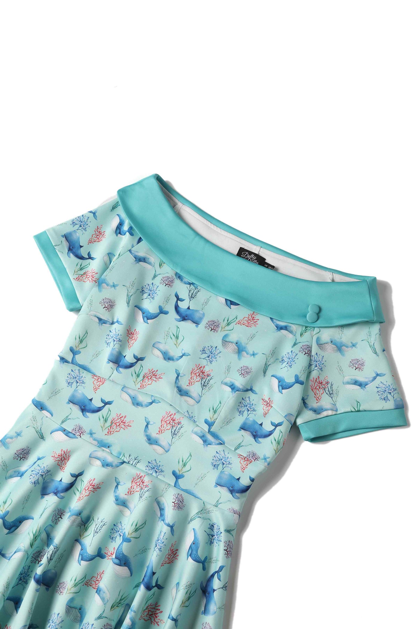 Close up View of Whale Print Swing Dress in Baby Blue